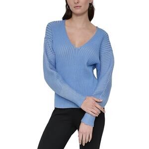 DKNY Women's V-Neck Long-Sleeve Rib-Knit Sweater Blue Size M 1643